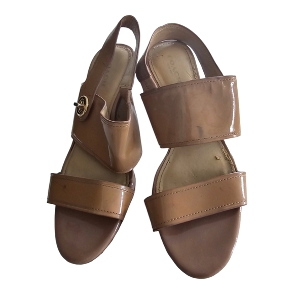 Coach Sandal Heels Women Sz 7B Marla Patent Leather Open Toe Casual Slingback - Picture 1 of 16